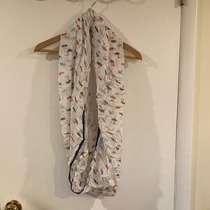 Lightweight White Infinity Scarf with Multicolor Feather Print